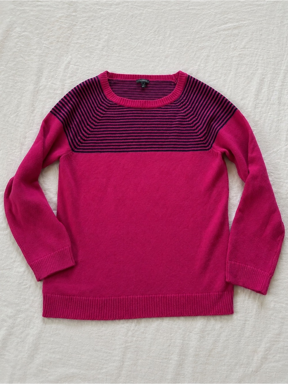 Talbots Fuchsia Crewneck Sweater with Navy Stripe Yoke - XL